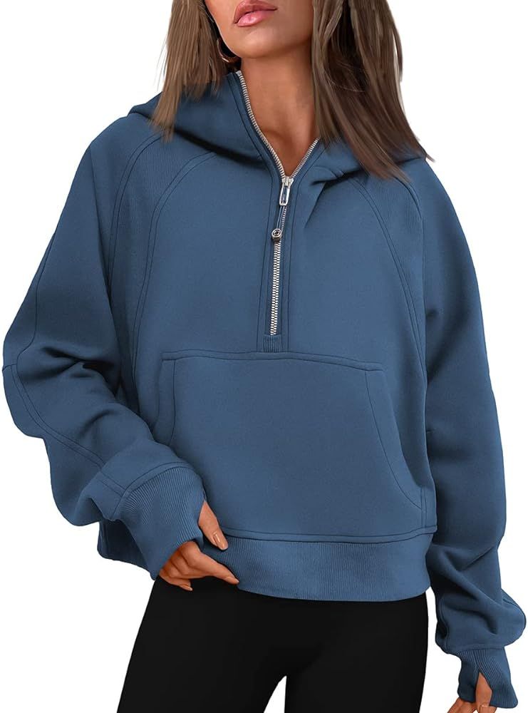 EFAN Women Cropped Hoodies Fleece Half Zip Pullover 2022 Trendy Quarter Zip Up Sweatshirts Hooded Wi | Amazon (US)