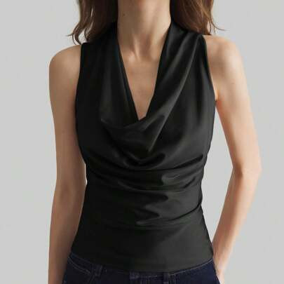 Women's 2025 New Black Sleeveless Elegant Urban Blouse With Neck Slit, Suitable For Valentine's Day, Spring New Year | SHEIN