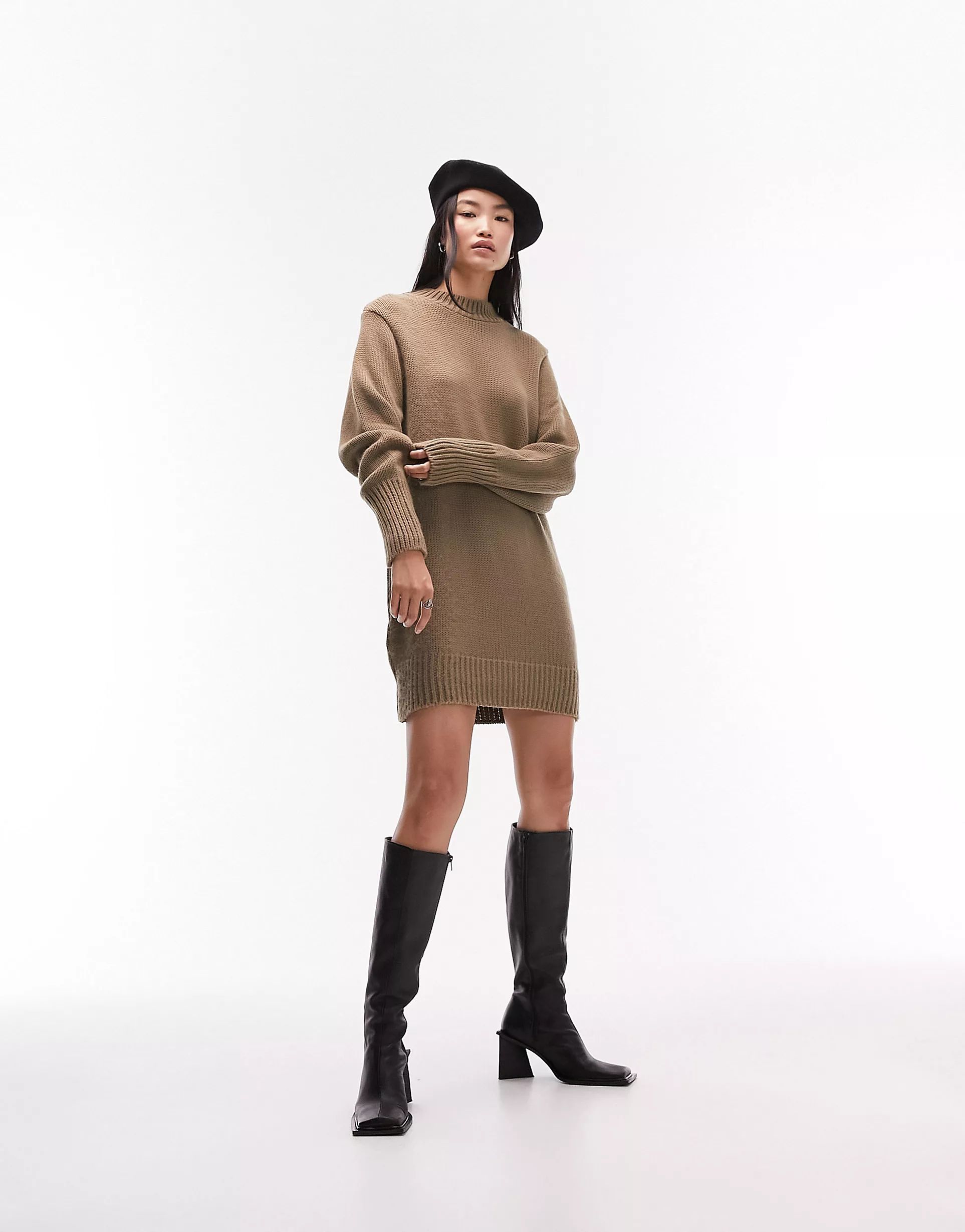 Topshop knitted crew neck dress in brown | ASOS (Global)