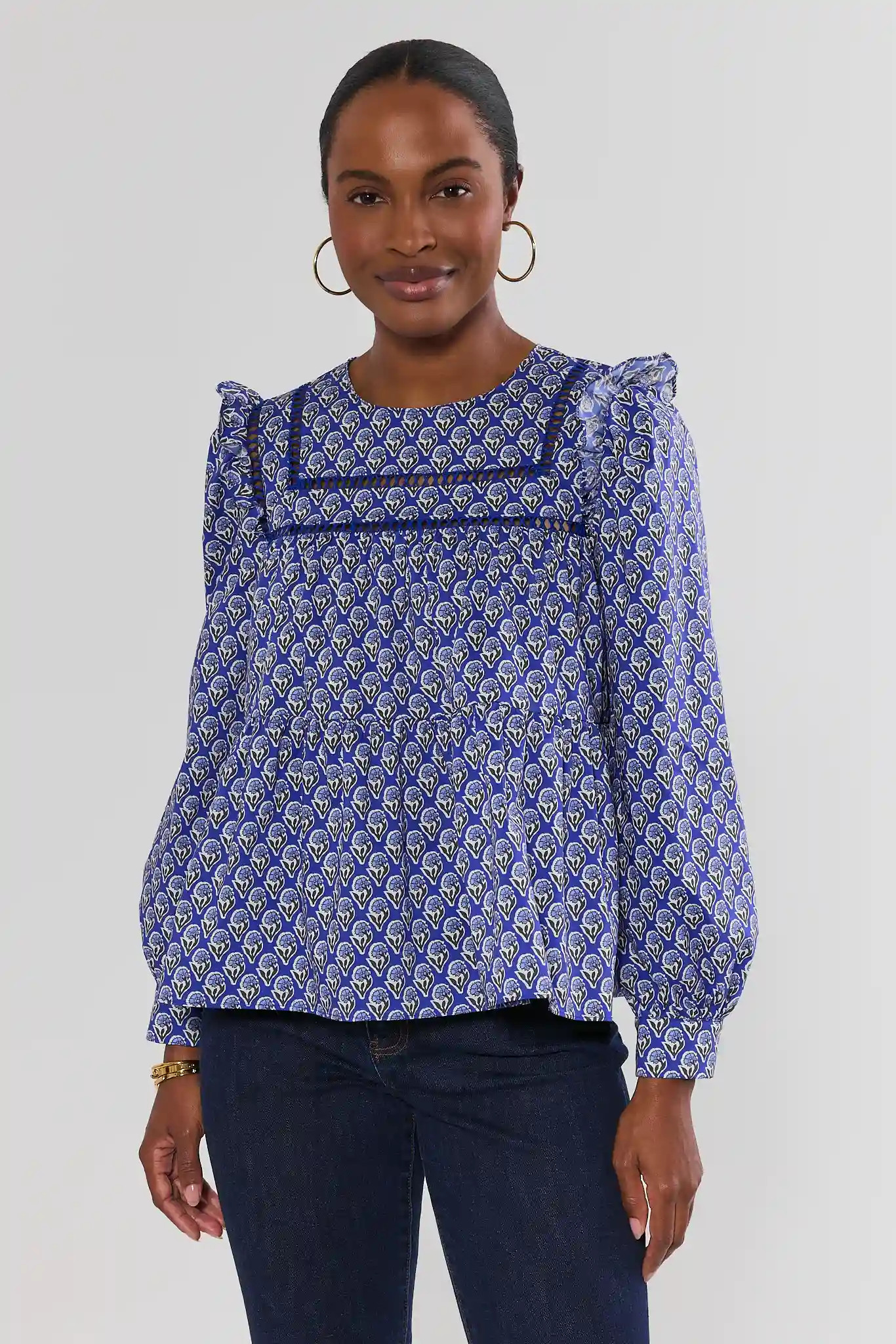Gemma Blue Floral Ruffle Detail Top | Avara