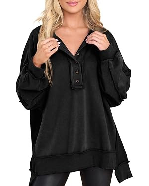 AlvaQ Sweatshirt for Women Oversized Casual Long Sleeve Button Henley Neck Pullover Tunic Tops Fa... | Amazon (US)