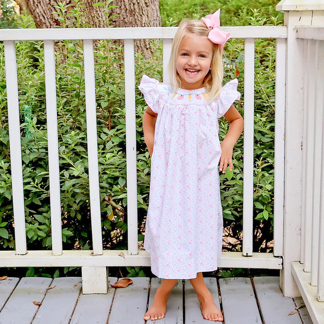 Pencil Apple And Bows Pink And Blue Floral Geo Smocked Angel Sleeve Dress | Classic Whimsy