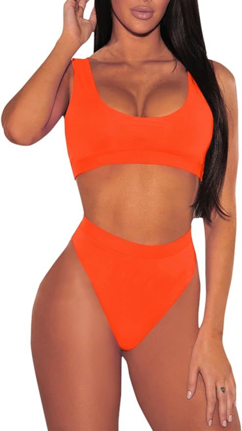 Pink Queen Women's Crop Top High Waisted Cheeky Bikini Set Two Piece Swimsuits | Amazon (US)