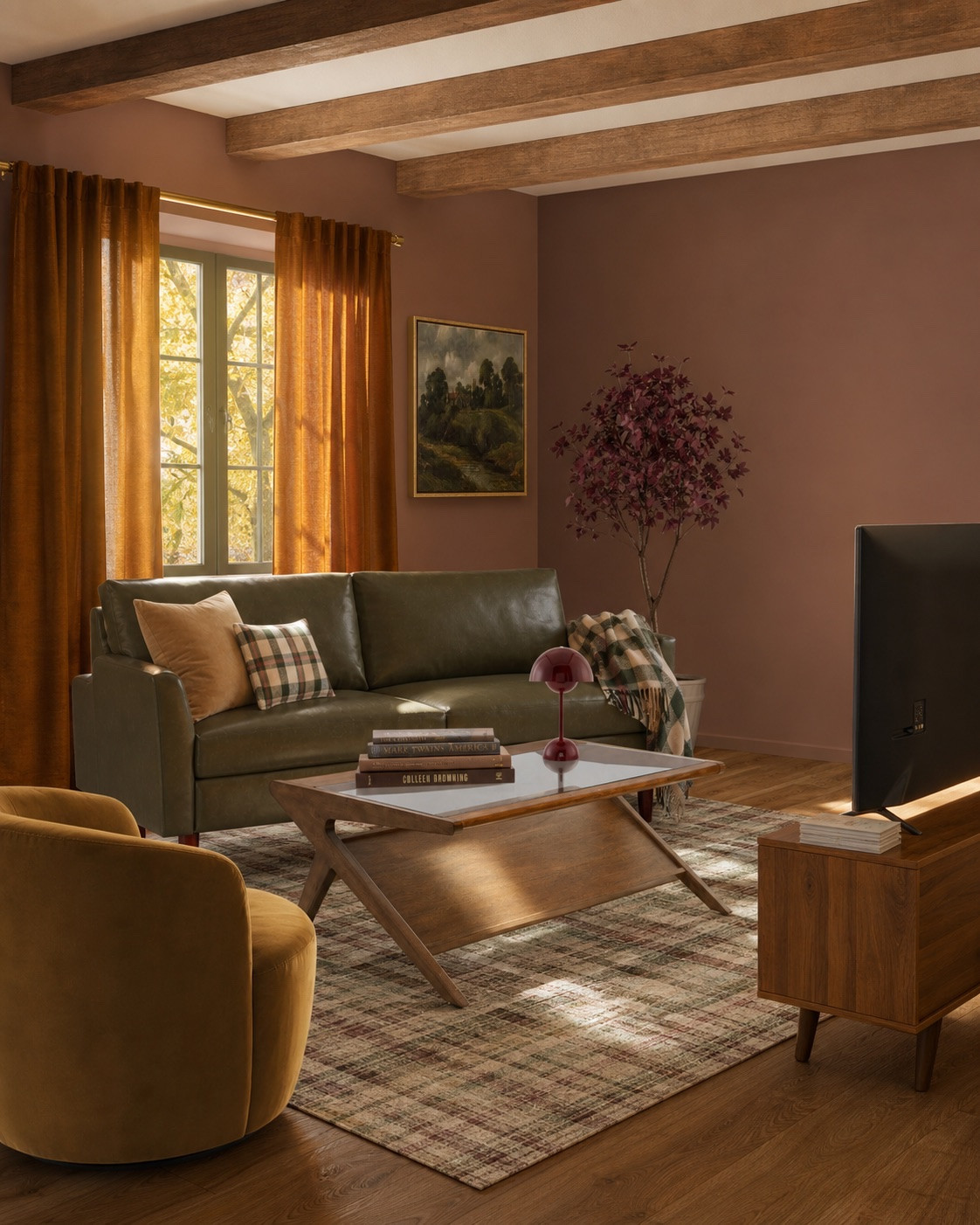 Fall living room design! Affordable sofa, velvet chair, mid-century modern coffee table and tv console @Wayfair ! Pillow and throw from Target! Dreamy curtains from West Elm.#homedecor #livingroom

#LTKHome #LTKSaleAlert #LTKSeasonal