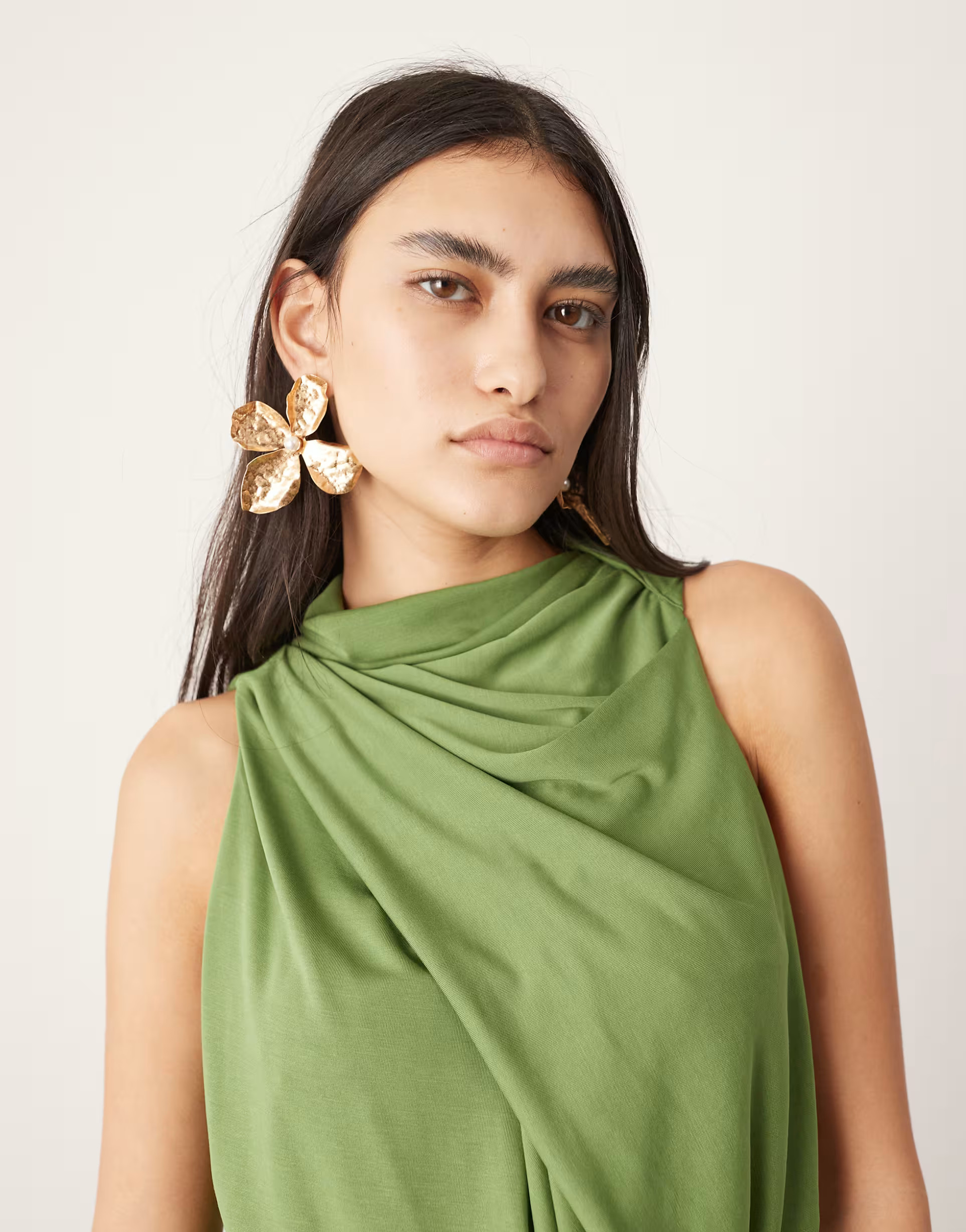 ASOS EDITION sleeveless drape detail maxi dress with plate trim in green | ASOS | ASOS (Global)