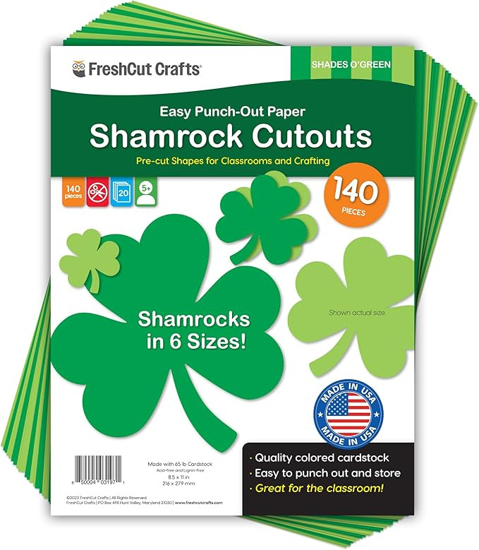 FreshCut Crafts 140 Piece Shamrock Cutouts Set: Pre-Cut Green Irish Clover Shapes for School Supp... | Amazon (US)