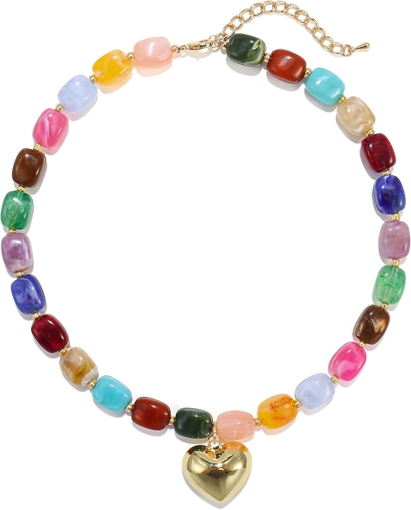 Elegance 11 designs Chunky Heart Necklace for Women, Colorful Acrylic Beaded Statement Puff Heart... | Amazon (US)