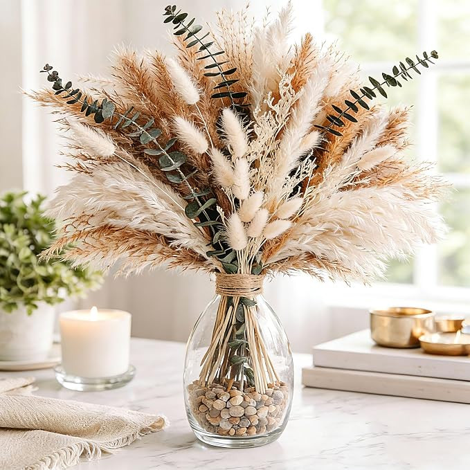 Dried Flower Bouquet - Pampas Grass, Bunny Tails, Olive Green Eucalyptus & Preserved Flowers - Bo... | Amazon (US)