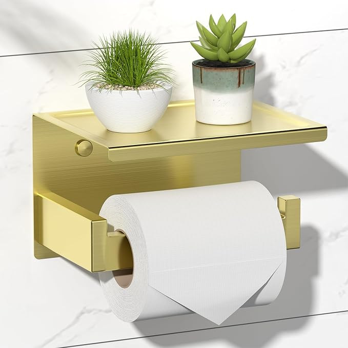 HITSLAM Gold Toilet Paper Holder, Stick on Brushed Brass Toilet Paper Holder with Shelf, Self Adh... | Amazon (US)