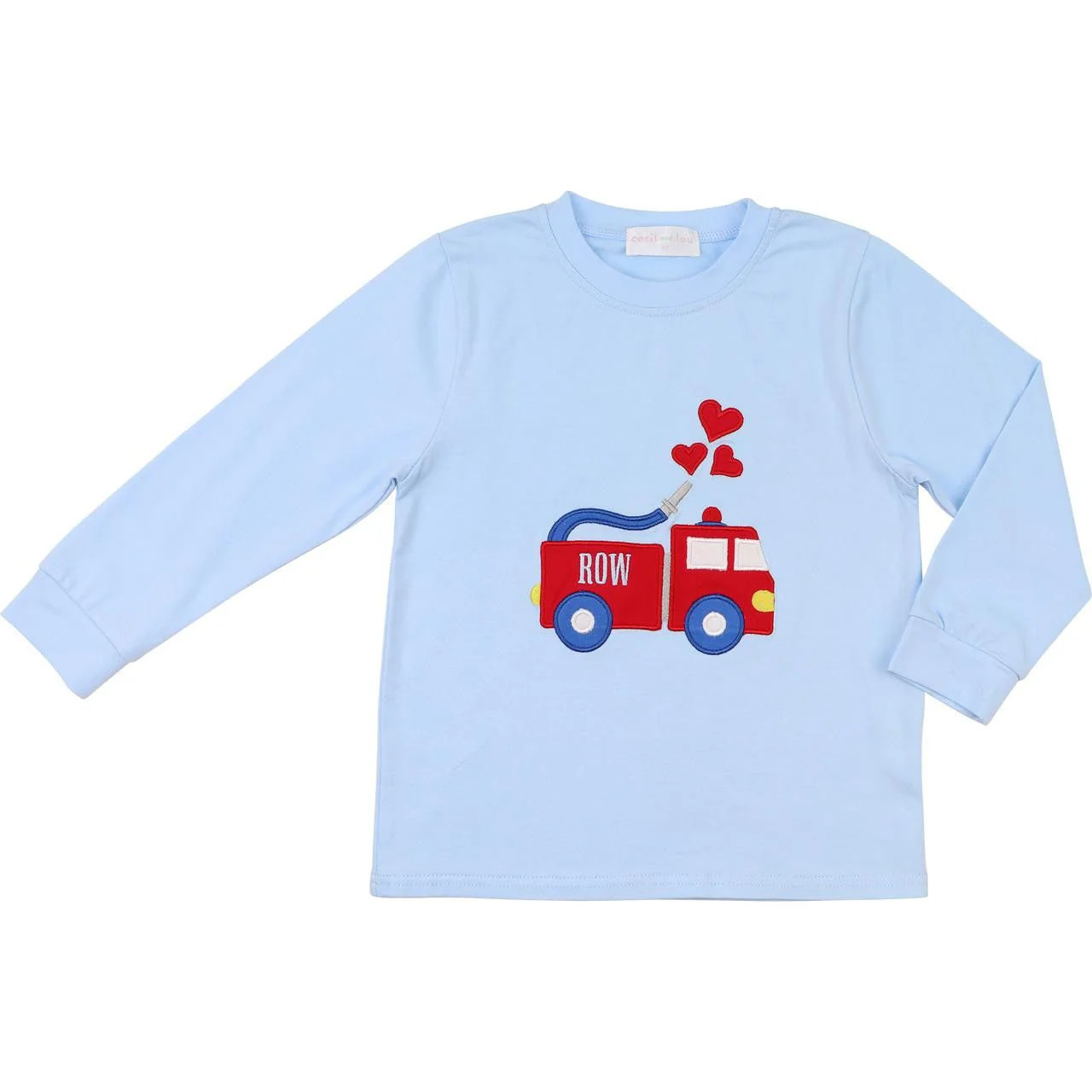 Blue Knit Applique Valentine Firetruck Shirt | Cecil and Lou