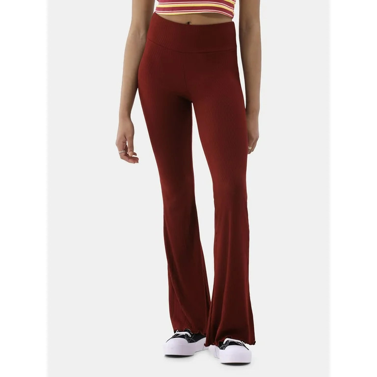 No Boundaries Ribbed Flare Pants with Lettuce-Edge Hem, 32” Inseam, Women’s - Walmart.com | Walmart (US)
