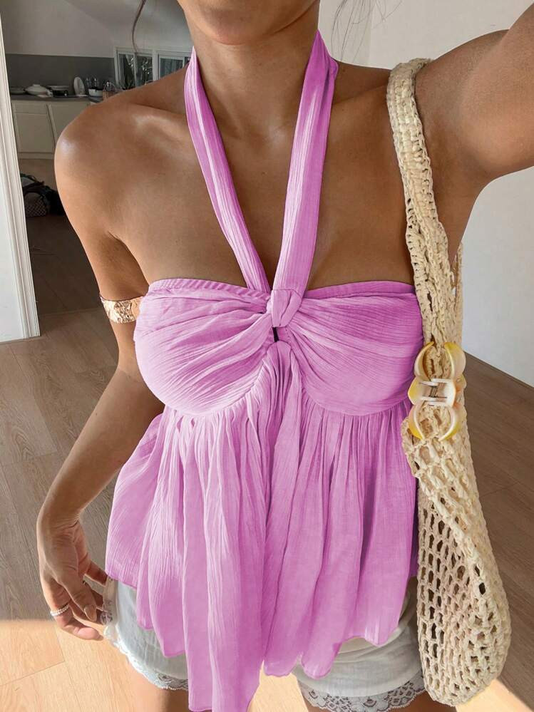 Sunnyshic Ruched Front-Twist Halter Neck Tank Top | SHEIN