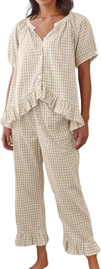 Womens Gingham Pajama Set 2 Piece Short Sleeve Babydoll Shirt and Pants Lounge Set Cute Sleepwear | Amazon (US)