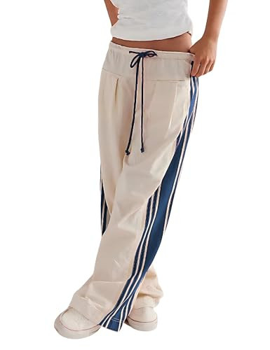 Hongsui Women's Wide Leg Pants Drawstring High Rise Side Striped Slouchy Palazzo Pants with Pockets (Apricot-L) | Amazon (US)