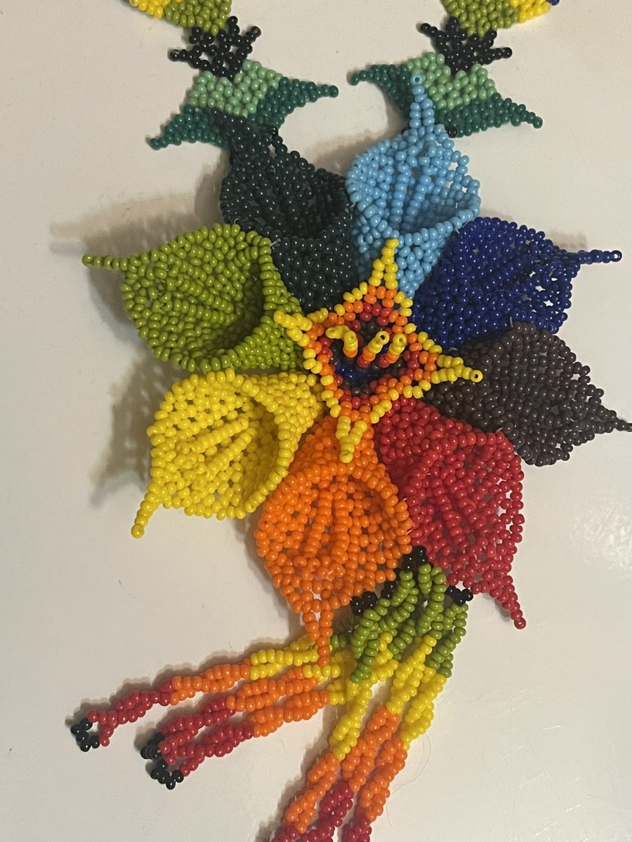 Huichol Beaded Flower Necklace Large Multicolor Seed Bead Necklace | eBay US