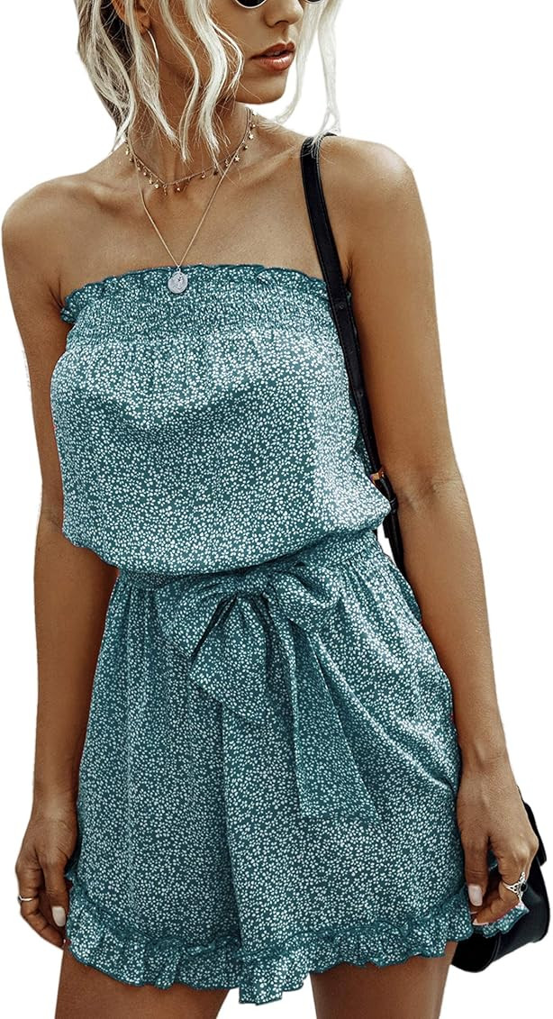 Angashion Women’s Rompers-Casual Summer Off Shoulder Strapless Floral Print Ruffle Belt Shorts Jumps | Amazon (US)