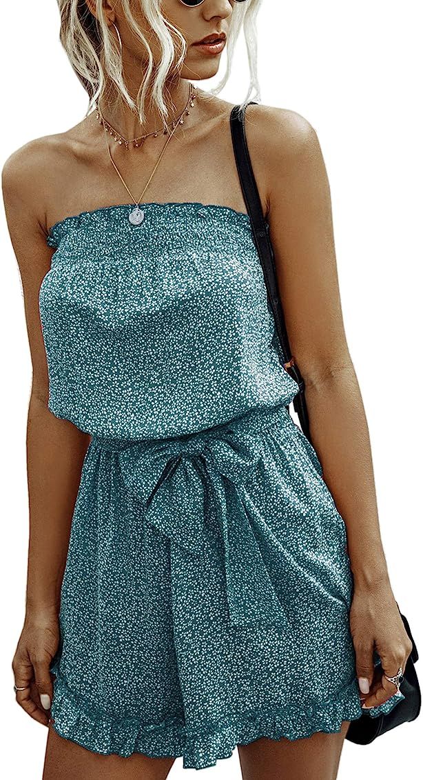 Angashion Women’s Rompers-Casual Summer Off Shoulder Strapless Floral Print Ruffle Belt Shorts Jumps | Amazon (US)