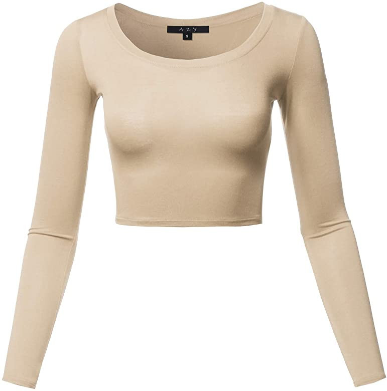 Women's Basic Solid Stretchable Scoop Neck Long Sleeve Crop Top | Amazon (US)