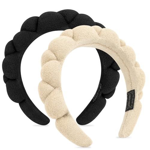 WHAVEL 2 Pack Spa Headband for Washing Face, Get Ready Headband Soft Terry Cloth Headbands Puffy Hair Band for Face Washing, Skincare, Makeup (Khaki, Black) | Amazon (US)