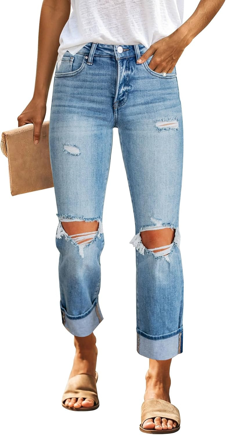 KUNMI Women's Boyfriend Ripped Mid Waisted Jeans Distressed Stretchy Baggy Denim Pants | Amazon (US)