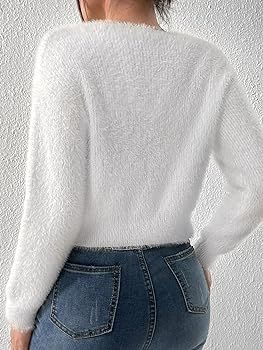 Verdusa Women's Rhinestone Bow Fluffy Long Sleeve V Neck Crop Cardigan Sweater | Amazon (US)