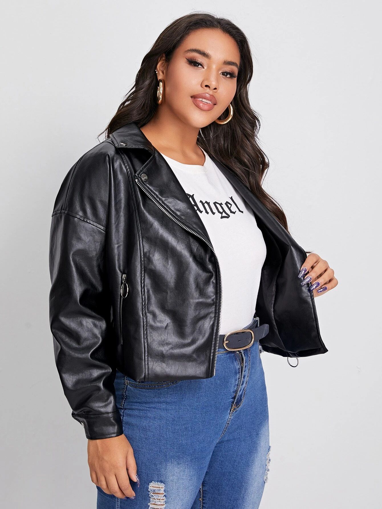 SHEIN Plus Notched Collar Zip Up PU Leather Moto Jacket | SHEIN