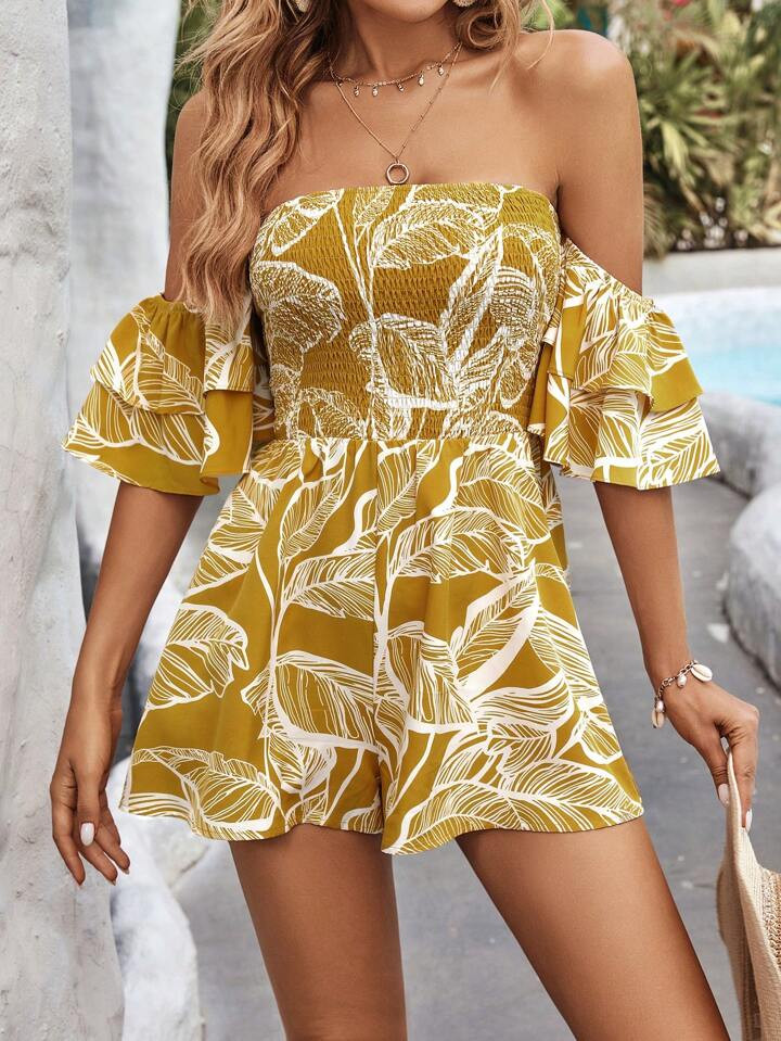 SHEIN VCAY Tropical Print Off Shoulder Romper | SHEIN