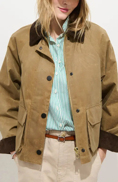 Alex Mill Chiltern Corduroy Trim Waxed Cotton Crop Jacket in Vintage Khaki at Nordstrom, Size Small | Nordstrom