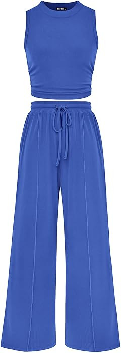 BTFBM Summer Outfits For Women 2026 Ribbed Sleeveless Tank Tops Wide Leg Pants 2 Piece Sets Loung... | Amazon (US)