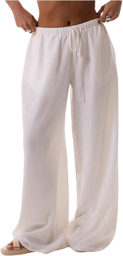 Womens Linen Pants Wide Leg Loose Cotton Swimsuit Coverups Summer Pants Beach Vacation Outfits | Amazon (US)