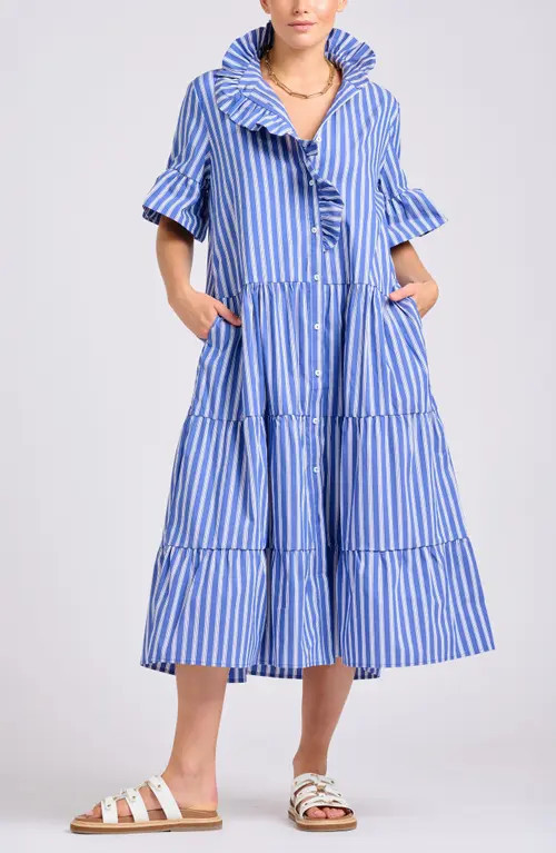 SHIRTY Stripe Ruffle Midi Shirtdress in Azure W/Whiite Ticking at Nordstrom, Size Medium | Nordstrom