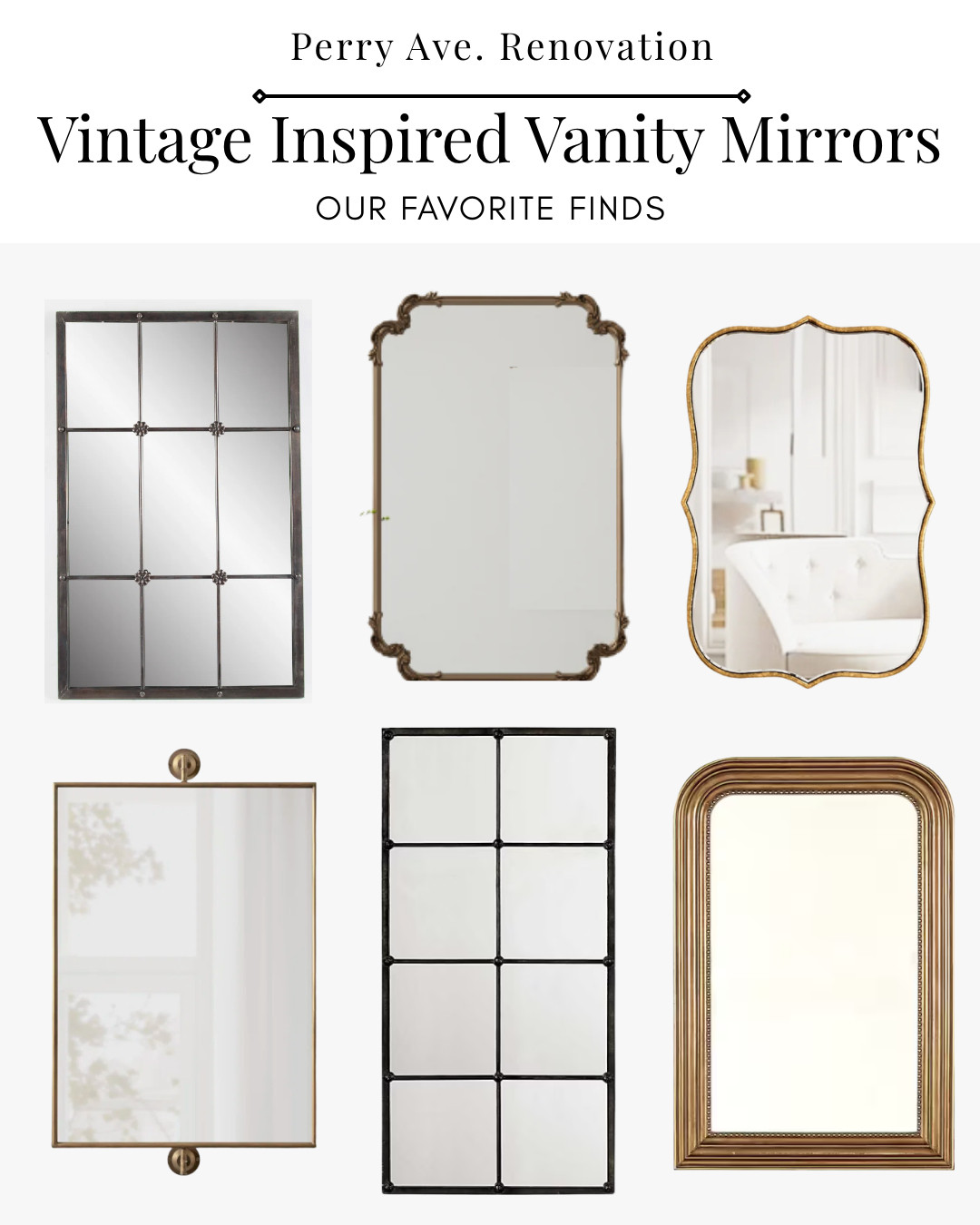Vintage-inspired vanity mirrors we considered for the Perry Ave. renovation. A good mirror can completely change the feel of a bathroom, and I love mixing traditional shapes, aged brass finishes, and black metal details to add character without making the space feel overly themed. These are some of our favorite finds for getting that collected, old-house look.

#VintageMirror #BathroomMirror #BathroomDesign #VintageInspired #HistoricHome #BathroomRenovation #InteriorDesign #HomeRenovation #BrassMirror #PerryAveRenovation #MicklerCo 

 #LTKHome