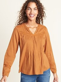 Lace-Trim Pintucked Split-Neck Top for Women | Old Navy (US)