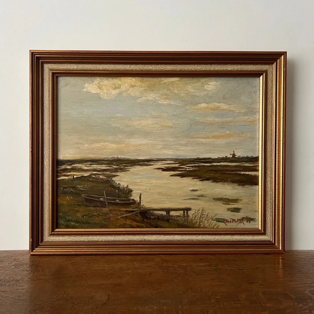 Moody Landscape Oil Painting, Rural Landscape, Fishing Rowing Boat, River Landscape, Polder Lands... | Etsy (US)