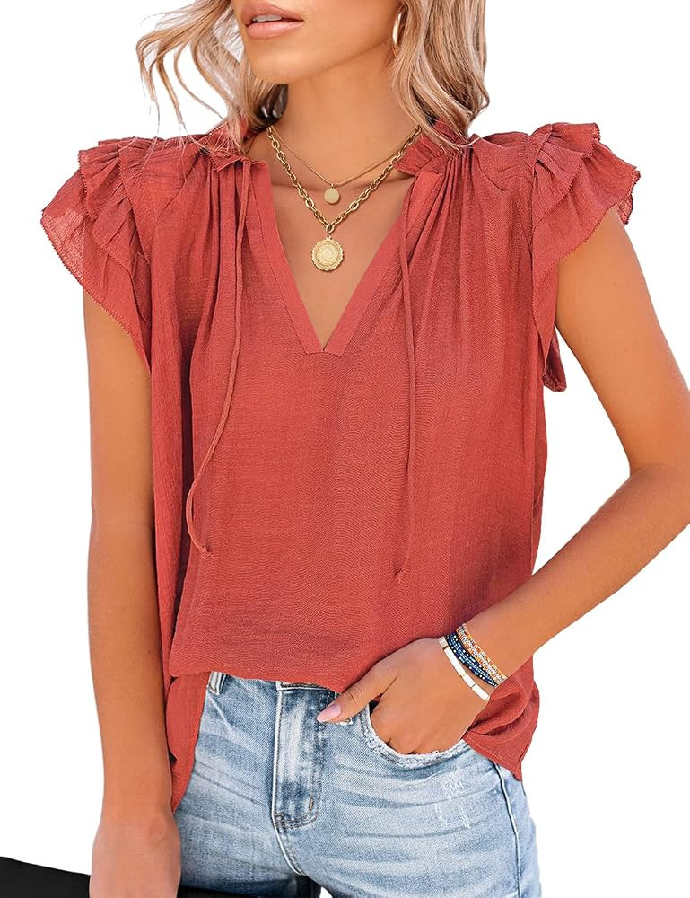 LookbookStore Women's Casual V Neck Tops Ruffle Flutter Shirt Cap Sleeve Blouse | Amazon (US)