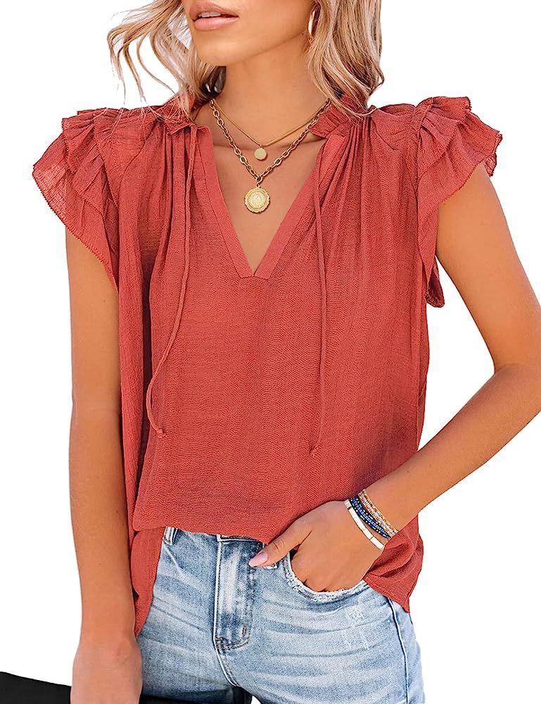 LookbookStore Women's Casual V Neck Tops Ruffle Flutter Shirt Cap Sleeve Blouse | Amazon (US)