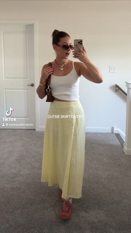 5/3/24 Skirt outfit 🫶🏼 summer fashion, summer fashion trends, skirt outfit, yellow skirt, Abercrombie style, summer fashion, summer outfits, summer outfit inspo, casual summer outfits, pink sneakers, alohas sneakers