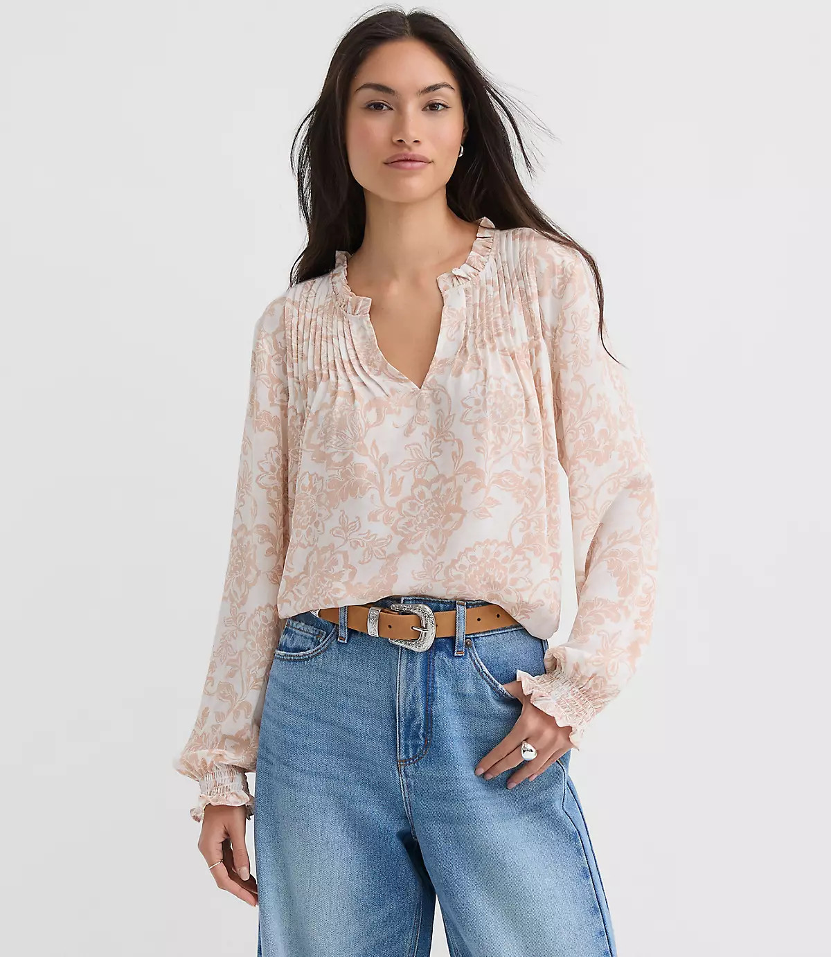 Floral Pintucked Ruffle Mixed Media Blouse | LOFT
