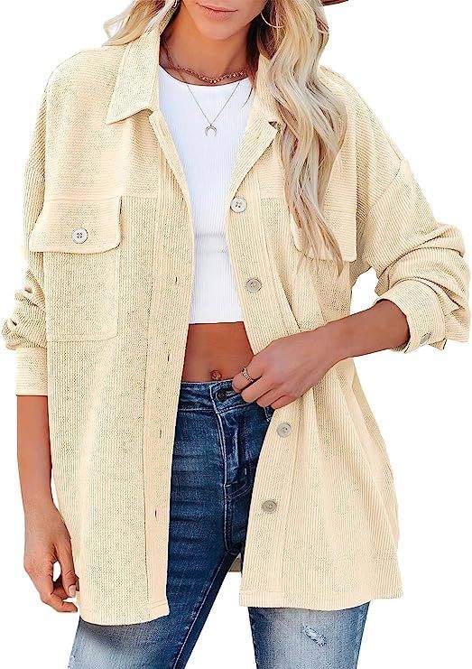 LOGENE Womens Corduroy Shirts Button Down V Neck Long Sleeve Blouse Casual Jacket | Amazon (US)