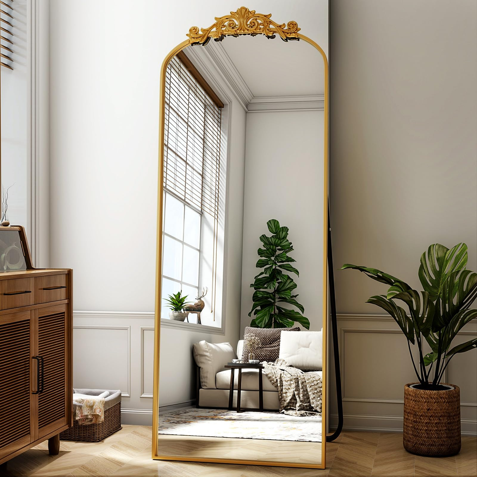 21"x 64" Arched Full Length Mirror, Freestanding Floor Mirror with Carved Metal Frame & Art Carve... | Amazon (US)
