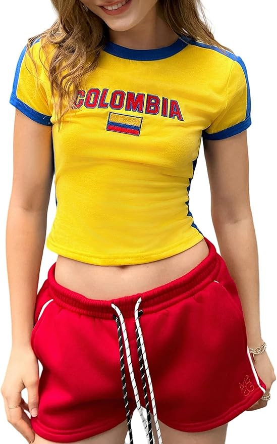 SHENHE Women's Brazil Shirt Crop Top Crewneck Vintage Short Sleeve Tops Y2K Graphic Baby Tee Jers... | Amazon (US)