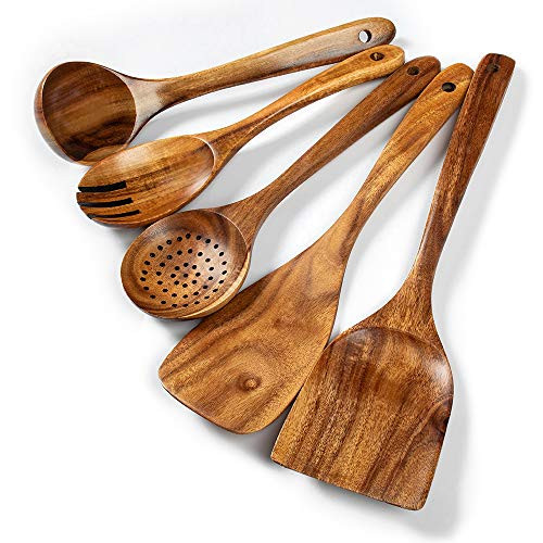 Wooden Kitchen Utensils Set, 5 PCs Natural Acacia Wooden Cooking Spoons Set for Non-stick Skillet, Wooden utensils For Cooking With Soup Ladle and Wok Spatulas, Salad fork, Wooden Spurtles for Cooking | Amazon (US)