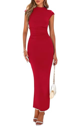 PRETTYGARDEN Women's Summer Maxi Dress Ruched Bodycon Sleeveless Formal Wedding Guest Elegant Cocktail Party Slit Fitted Long Dresses Red M | Amazon (US)