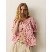 Per Una Cotton Rich Printed Tie Front Blouse Pink Mix | Marks & Spencer (UK)
