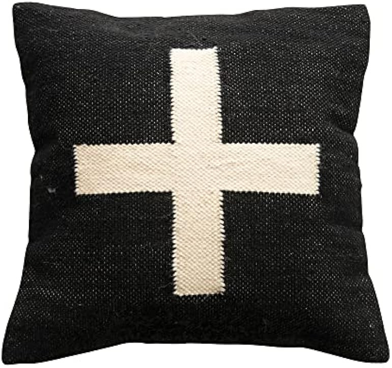 Creative Co-Op Wool Blend Swiss Cross Pillow, 20 inches, Black & Cream | Amazon (US)