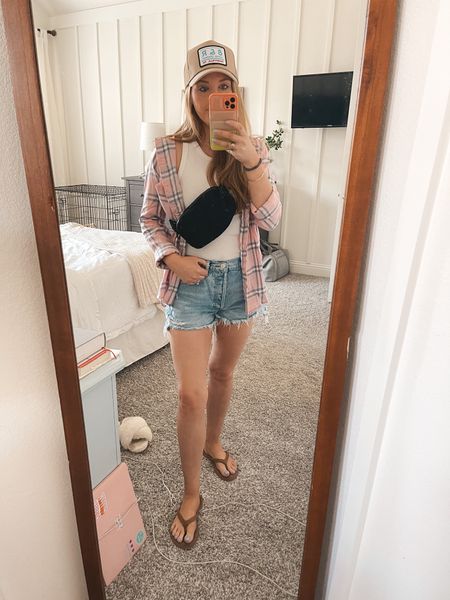 Summer to fall transition outfit 🩷 Light pink flannel white tank jean shorts belt bag beige hat 

#LTKfindsunder50 #LTKstyletip #LTKSeasonal