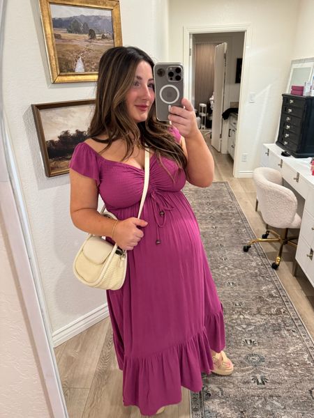 Magenta maternity maxi dress 🩷
Love the ruffle hem and smocked top with adjustable ruching!! Such a comfortable and cute for pregnancy outfit!! 

Dress: size small 
Shoes: TTS 

maternity dress, summer sandals, petite friendly, maternity fashion, maxi dress, flatform sandal, raffia sandals



#LTKBump #LTKStyleTip #LTKTravel