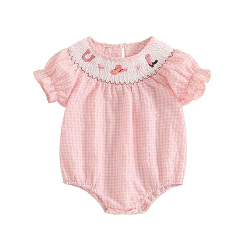 Aopwsrlyi Newborn Baby Girl Smocked Bubble Romper Short Puff Sleeve Gingham Bodysuit Jumpsuit Summer Clothes Western Outfit (Pink, 0-3 Months) | Amazon (US)