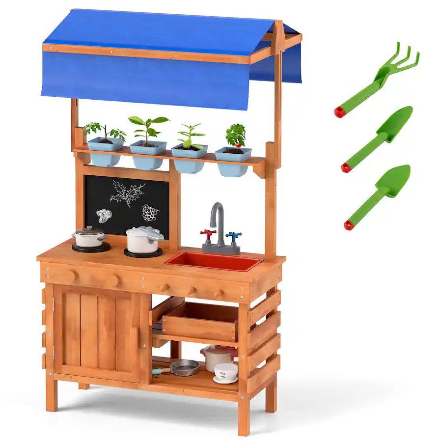 Costway - Mud Kitchen Wooden Pretend Play Kitchen with Height Adjustable Canopy - Natural | Best Buy U.S.
