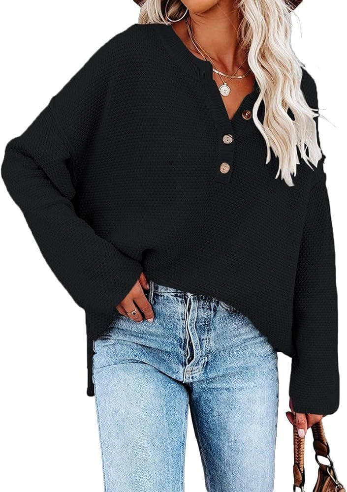 SHEWIN Women's Long Sleeve V Neck Button Knit Fall Pullover Sweaters Knit Jumper Tops | Amazon (US)